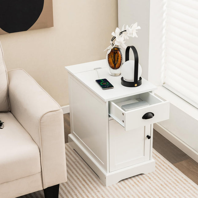 Dreamade End Table with Charging Station Set of 2, Flip Top Side Table with USB Ports and Outlets, White