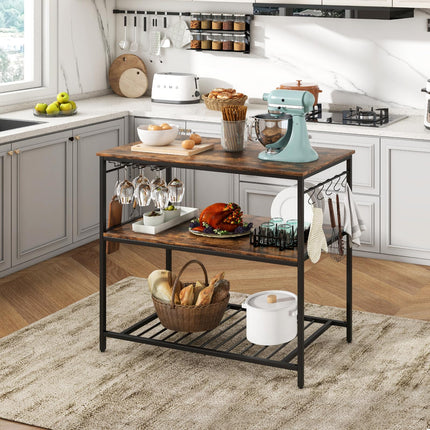Dreamade Kitchen Baker Rack with 3 Tier Storage Shelves, 10 Hooks, Glass Holder, 40" Stationary Island with Spacious Worktop