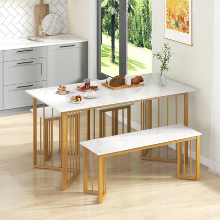 Dreamade 4-Piece Dining Table Set for 4, Kitchen Table Chairs Set with Bench & 2 Stools