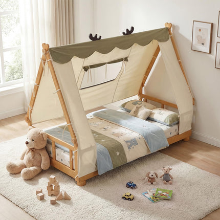 Dreamade Twin Size House Floor Wood Bed with Tent