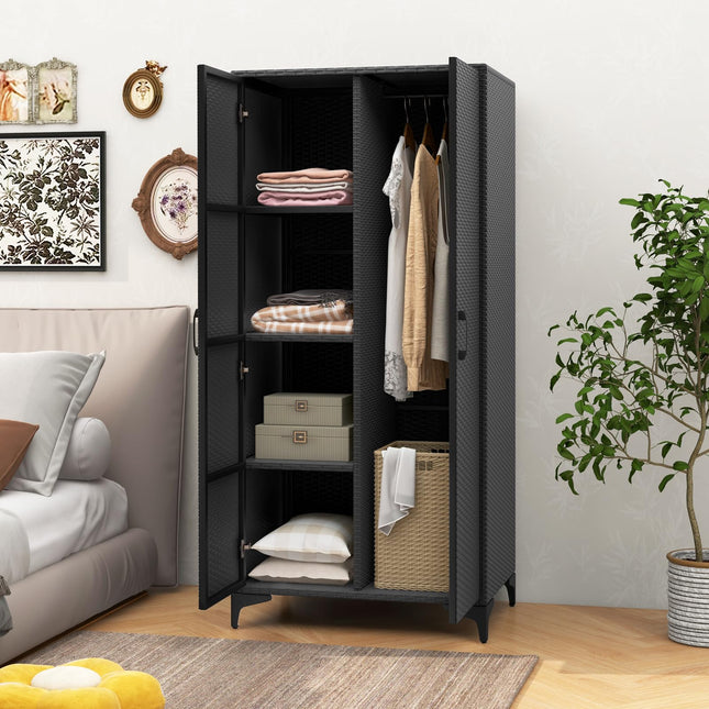 Dreamade Wicker Storage Cabinet, 62” Tall Pantry Cabinet with 2 Doors, Hanging Rod, 4 Storage Cubes