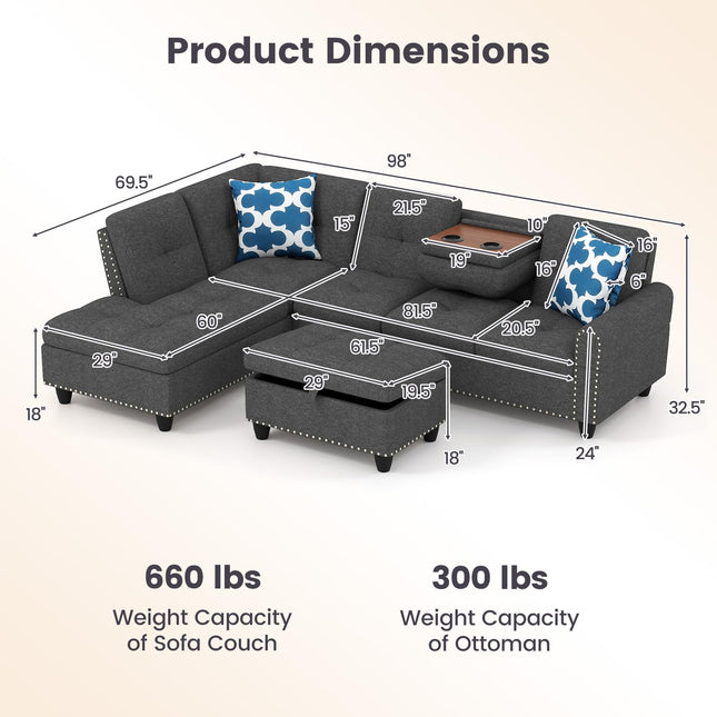 Dreamade 98 Inches Sectional Sofa Couch with Movable Storage Ottoman and Linen Fabric Backs