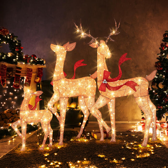 Dreamade 3-Piece Large Lighted Christmas Reindeer Family, Light up Xmas Decorations w/440 LED Lights