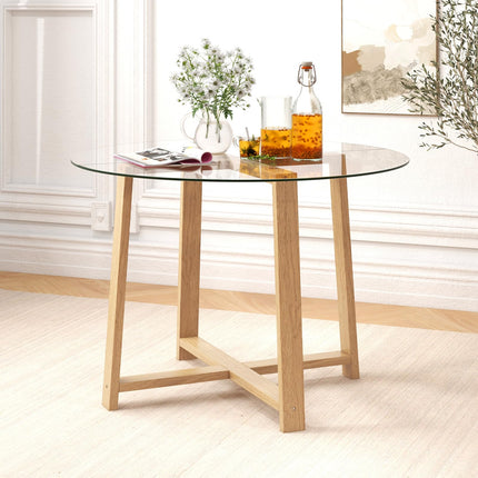 Dreamade 42” Round Dining Table for 4, Kitchen Table with 0.3” Tempered Glass Tabletop, Rubber Wood Legs