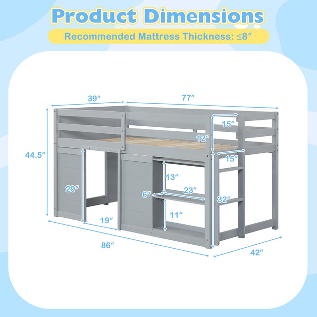 Dreamade Wooden Low Kids Loft Bed with LED Lights and 2 Doors