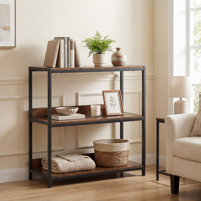 Dreamade Industrial 3-Tier Small Bookshelf with Wooden Shelves and Metal Frame