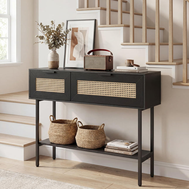 Dreamade Rattan Console Table Boho Entryway Table with 2 Storage Cabinets