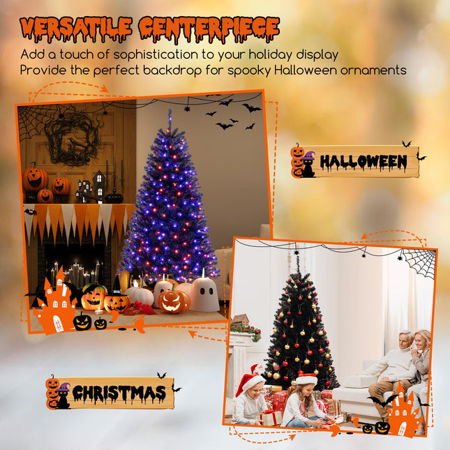 Dreamade 6/7/8 FT Pre-Lit Black Halloween Tree, Artificial Hinged Christmas Tree with 280/380/500 Orange & Purple LED Lights