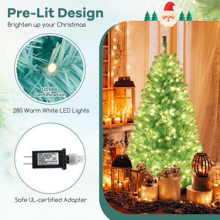 Dreamade 6/7 FT Blue Pre-Lit Christmas Tree, Artificial Hinged Xmas Full Tree with 280/380 Warm White LED Lights