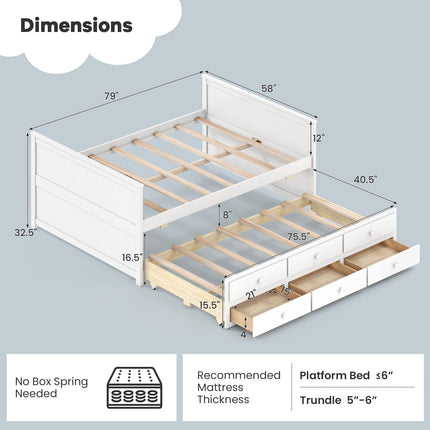 Dreamade Full Size Bed Frame with Twin Trundle & 3 Storage Drawers