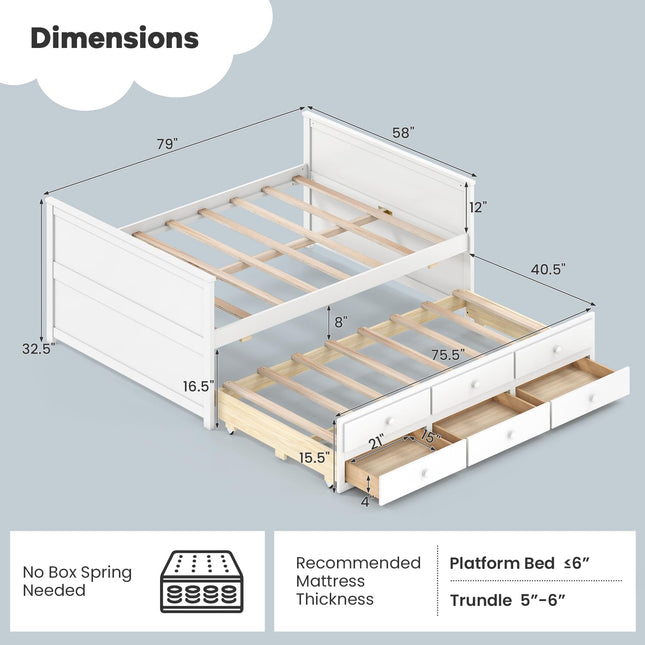 Dreamade Full Size Bed Frame with Twin Trundle & 3 Storage Drawers