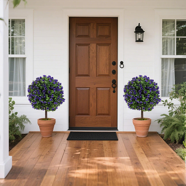 Dreamade 22'' Artificial Purple Rose Topiary Ball Tree Set of 2 Faux Potted Plants Artificial Shrubs Bushes with Flowers