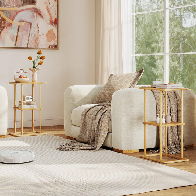 Dreamade 2 Pieces Bamboo Side Table with Storage Shelves