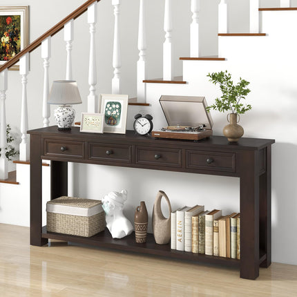 Dreamade 63" Farmhouse Entryway Table, Narrow Console Table w/ 4 Storage Drawers & Open Shelf