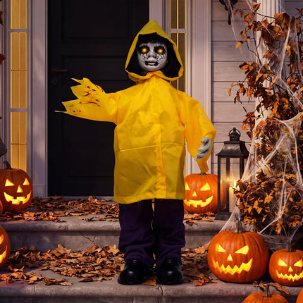 DREAMADE 30 Inch Halloween Little Yellow Raincoat Animatronic Prop Decor