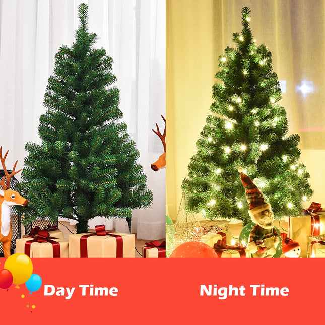 4ft Pre-Lit Christmas Tree, Artificial PVC Xmas Tree with 100 Warm White LED Lights and Stable Triangular Stand - DreamadeUS