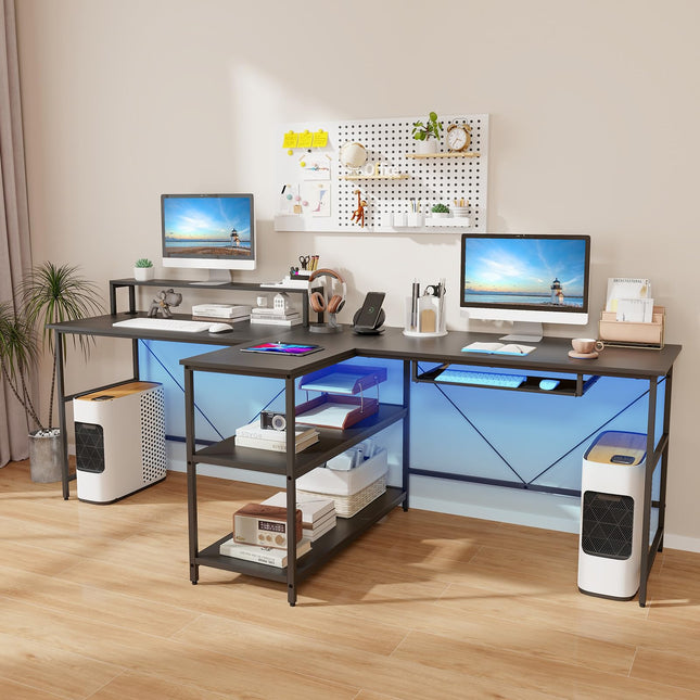 Dreamade 94.5” 2 Person Desk with LED Lights, Long PC Study Desk with Storage Shelves, Power Outlets