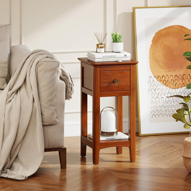 Dreamade Narrow End Table with Drawer 23.5" H Side Table w/Open Storage Shelf & Solid Wood Frame