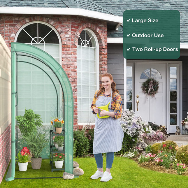 Dreamade Walk-in Lean-to Greenhouse - with 3-Tier Plant Stand, 7’x 3.5’x 7’ Green House, PE Grid Cover