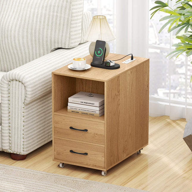 Dreamade End Table with Charging Station - Night Stand on Wheels