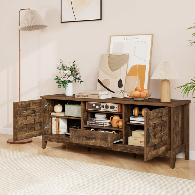 Dreamade Farmhouse TV Stand for 65 Inch TVs 59" Wood Entertainment Center with 2 Woven Accent Doors