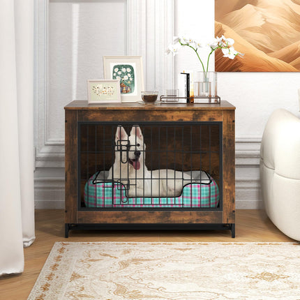 Dreamade Dog Crate Furniture - Dog Kennel Side Table with Double Doors & Removable Pull-Out Tray