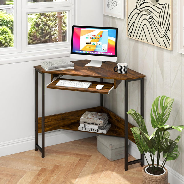 Dreamade Corner Desk with Power Outlets, Small Corner Computer Desk w/ Keyboard Tray & Storage Shelf