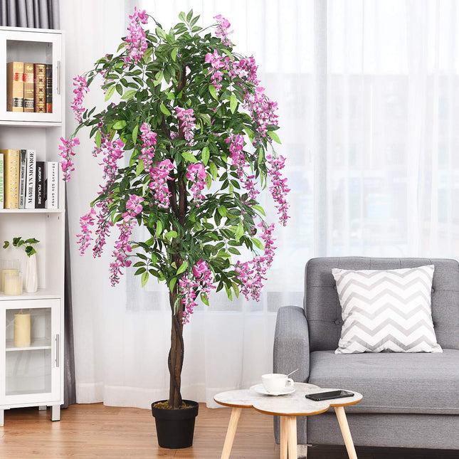 DREAMADE Artificial Wisteria Tree 6ft, Purple Red Wisteria w/Pot, Flowers