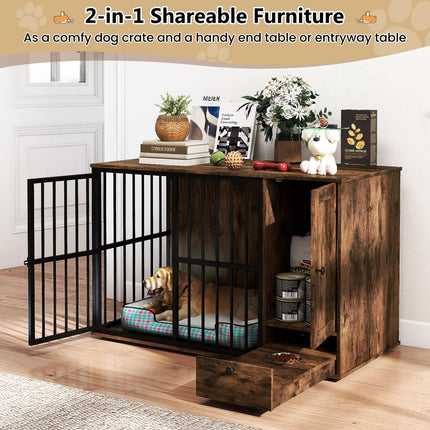 Dreamade 47.5" Dog Crate Furniture with Hidden Feeding Drawer & Side Storage Cabinet
