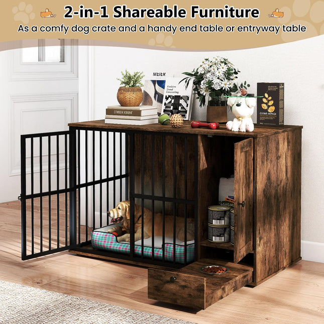 Dreamade 47.5" Dog Crate Furniture with Hidden Feeding Drawer & Side Storage Cabinet