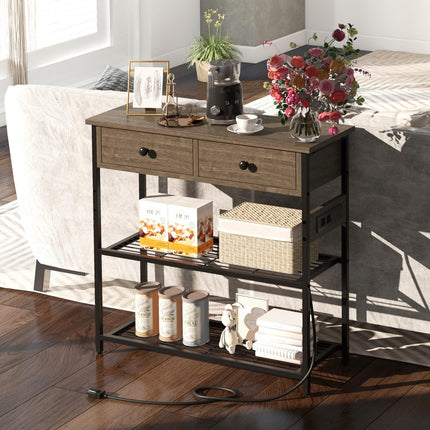 Dreamade Console Table with Outlets - 3-Tier Entryway Table w/USB Ports, 2 Storage Drawers