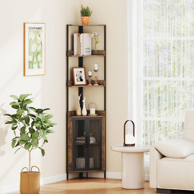 Dreamade 6-Tier Corner Shelf 67 Inches Tall Corner Bookshelf with Cabinet Industrial Bookcase