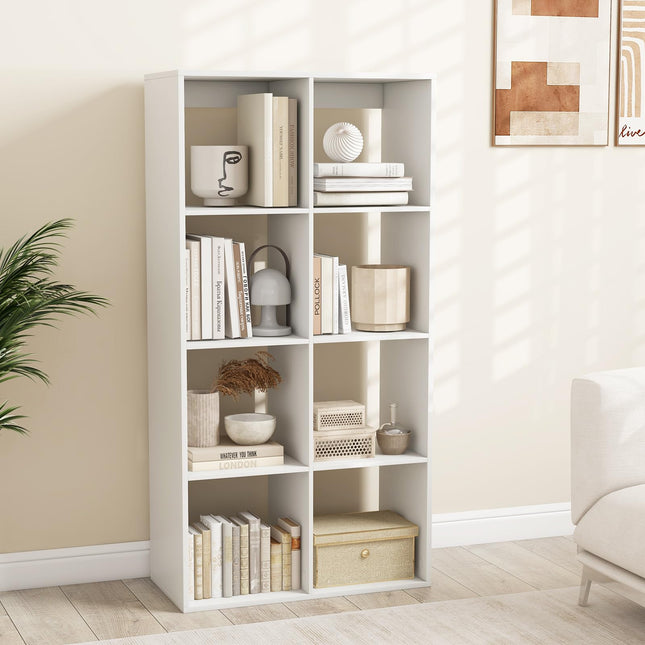 Dreamade 8-Cube Bookcase, White Cubby Bookshelf w/Back Guardrail & Anti-Tipping Kits