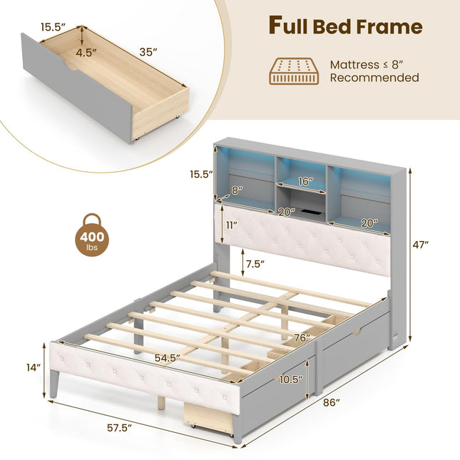 Dreamade Gray Full Size Bed Frame with Upholstered Bookcase Headboard