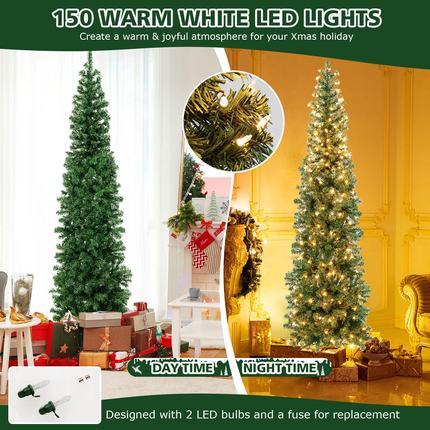 Dreamade 7ft Prelit Half-Shape Christmas Tree, Space-Saving Slender Artificial Xmas Tree with 150 LED Lights - DreamadeUS