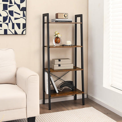Dreamade Industrial 4-Tier Bookshelf, Ladder Bookshelf with Metal Frame, Anti-Tipping Kits