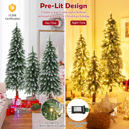 Dreamade 3' 4' 5' Pre-Lit Artificial Christmas Tree Set, Slim Pencil Xmas Trees with Snowy Leaves