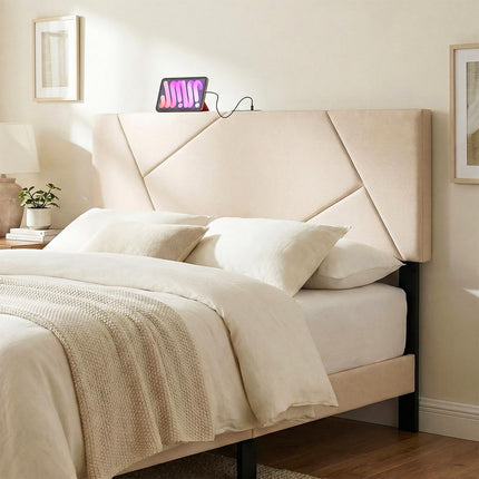 Dreamade Geometric Upholstered Head Board with 2 AC Outlets for Queen and Full Size Bed