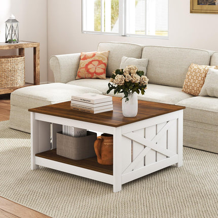 Dreamade Farmhouse Coffee Table 31 Inch Square Wood Coffee Table with Storage Shelf