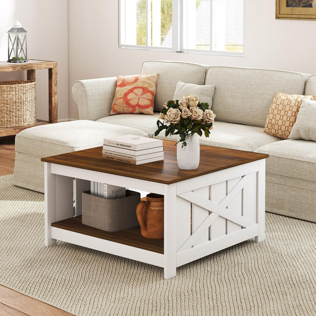 Dreamade Farmhouse Coffee Table 31 Inch Square Wood Coffee Table with Storage Shelf