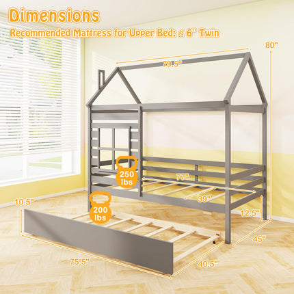 Dreamade Twin House Bed with Trundle Bed Twin, Wooden Twin Bed Frames with Roof, Chimney & Window