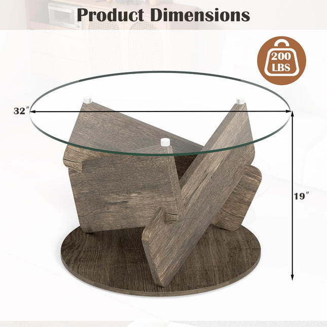 Dreamade 32inch Glass Round Coffee Table with Clear Tempered Glass Top Solid Wood Legs