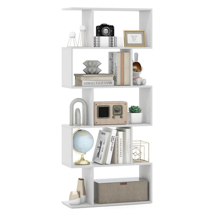 Dreamade 5-Tier Geometric Bookshelf, 62.5" Tall Wood S-Shaped Bookcase with Anti-Tipping Device