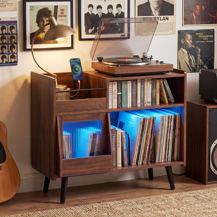 Dreamade Record Player Stand with LED Light and Power Outlets Large Turntable Stand with Sliding Door