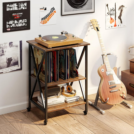Dreamade Record Player Stand with Charging Station Turntable Stand with Record Storage & 4 Rolling Wheels