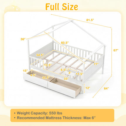 Dreamade Full Size House Bed with Roof and Fence Rails for Kid