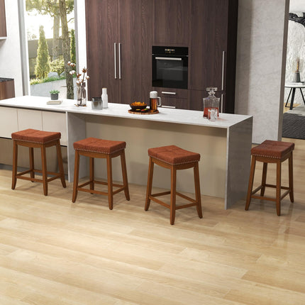 Dreamade Bar Stools Set, 25" Counter Height Bar Stools w/Saddle Seat, Footrest, Rivet, Button Tufted, Rubber Wood Frame