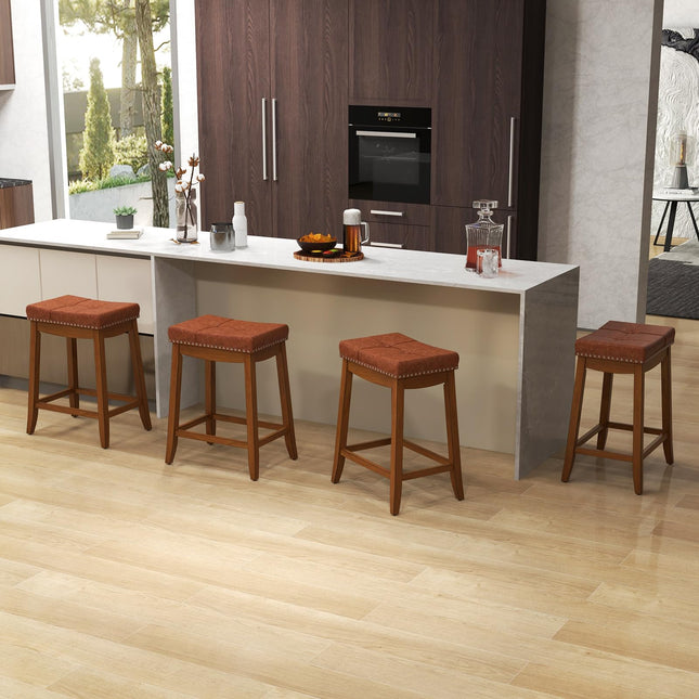Dreamade Bar Stools Set, 25" Counter Height Bar Stools w/Saddle Seat, Footrest, Rivet, Button Tufted, Rubber Wood Frame