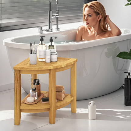 Dreamade Corner Shower Stool - Teak Wood Shower Bench Seat with Storage Shelf for Shaving Legs