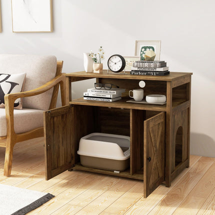 Dreamade Cat Litter Box Enclosure - Litter Box Hidden Furniture with Barn Door, Inner Divider, Side Entry, Storage Shelf